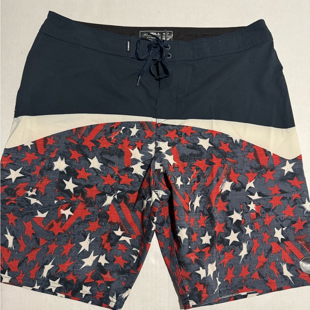 O'Neill Sk8 Swim Trunks, American Flag Shorts, Flat Front, Men's 34